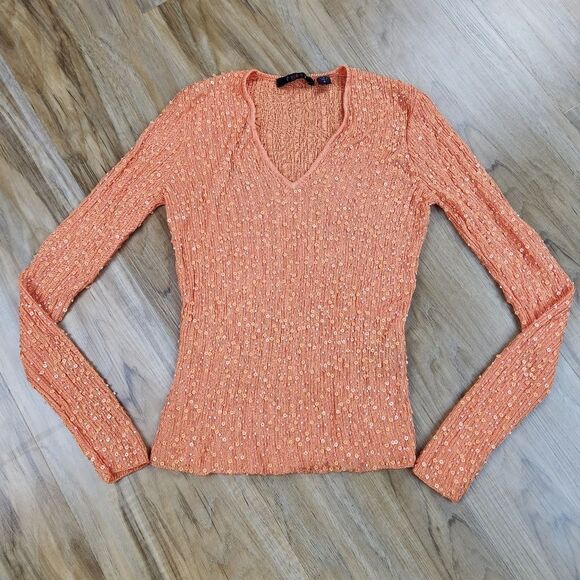 🍑Cyrus Orange Beaded & Sequined Long Sleeve Top Small - Picture 1 of 9